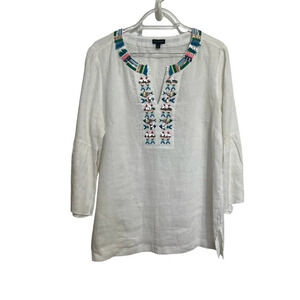Talbots 100% Linen White Embroidered Fish  Shirt Bell Sleeves Size M